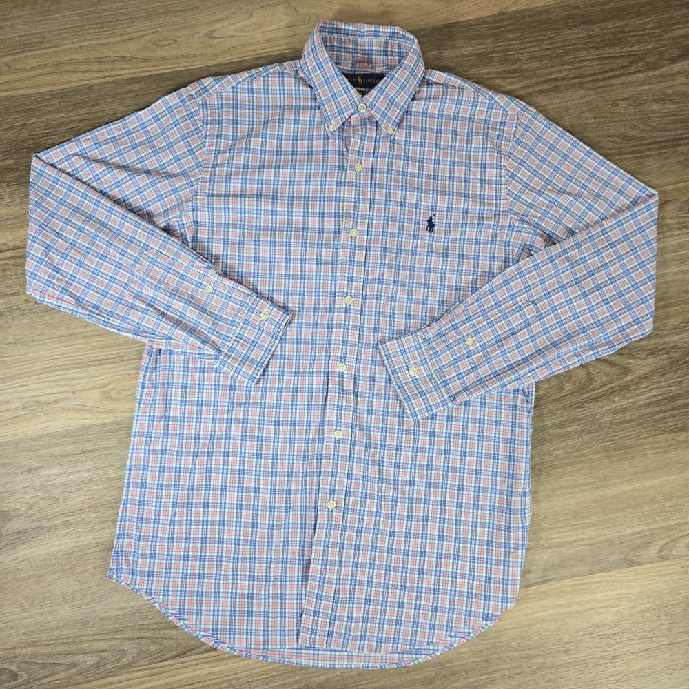 Ralph Lauren Shirt Mens M Blue Plaid Classic Fit Cotton Stretch Performance